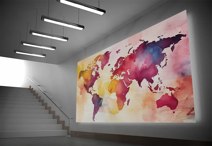 کاغذ دیواری سه بعدی طرح نقشه جهان رنگارنگ